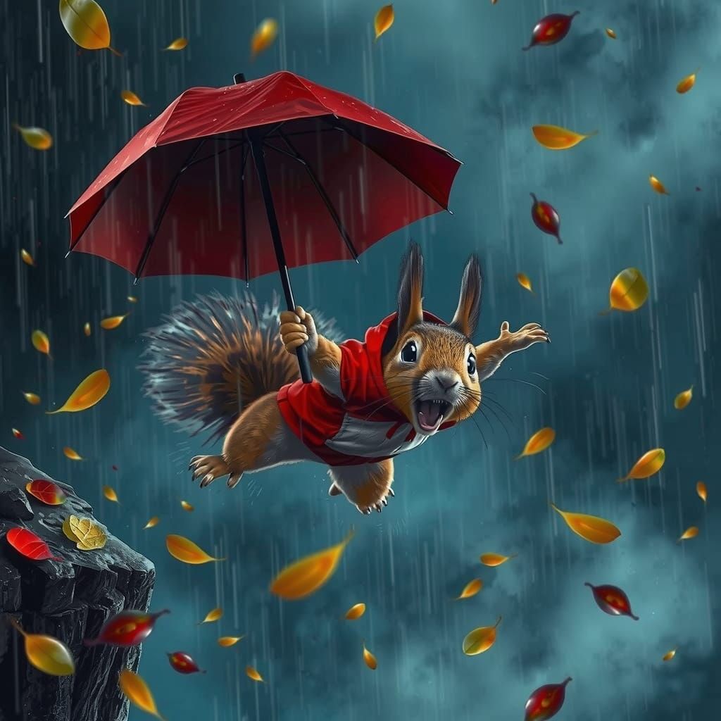 Squirrel Skydives Through Autumn Rain in Vibrant Colors