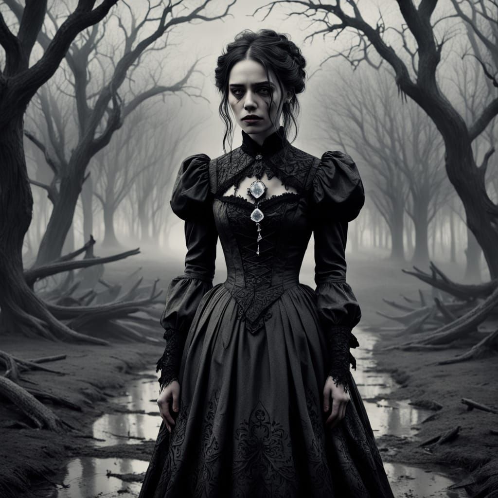 Gothic Girl Lost in a Desolate Victorian Landscape