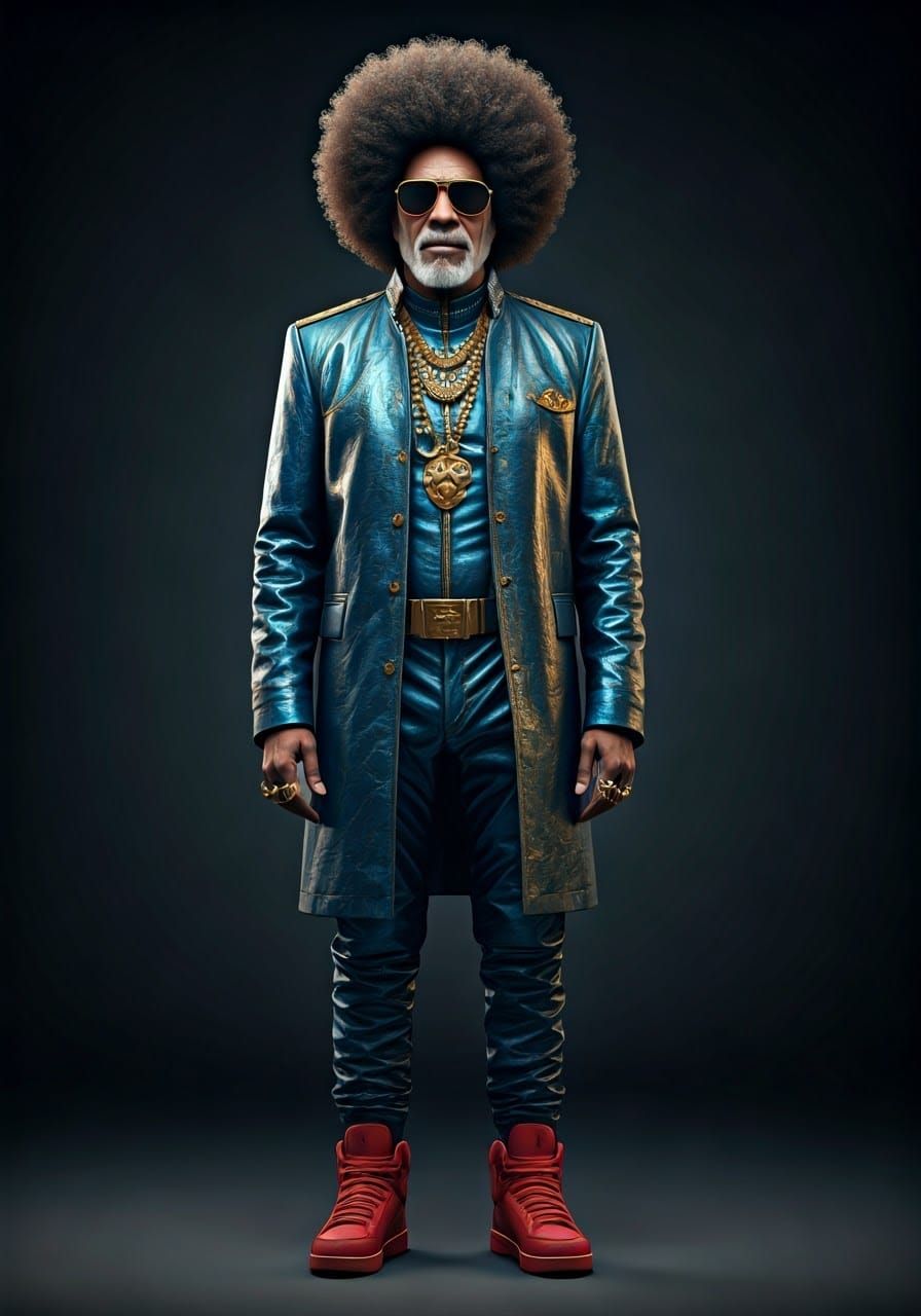 Elderly Man in Metallic Blue and Gold Futuristic Attire