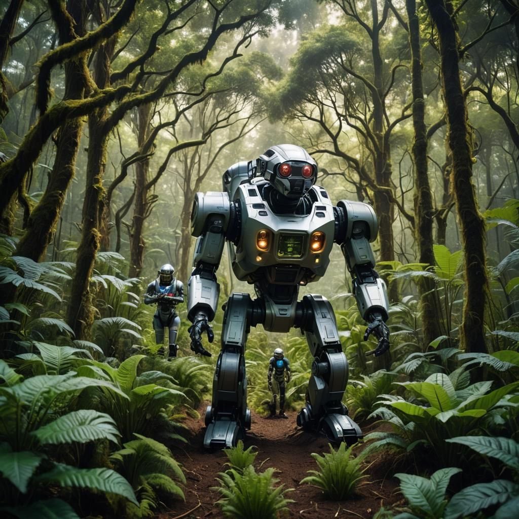 Gardener Robots Tending Forest on Spaceship: Cinematic Still