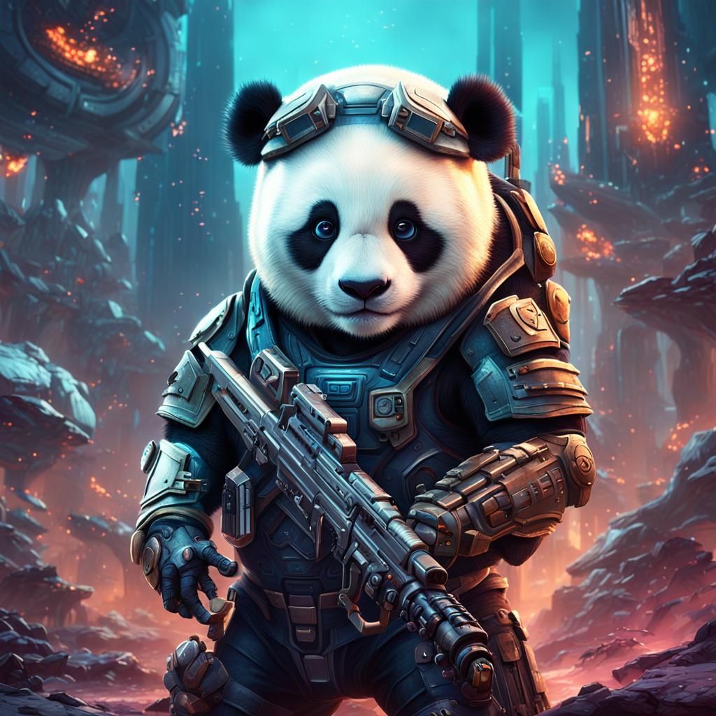 Panda vs Predator in Sci-Fi Battle Scene