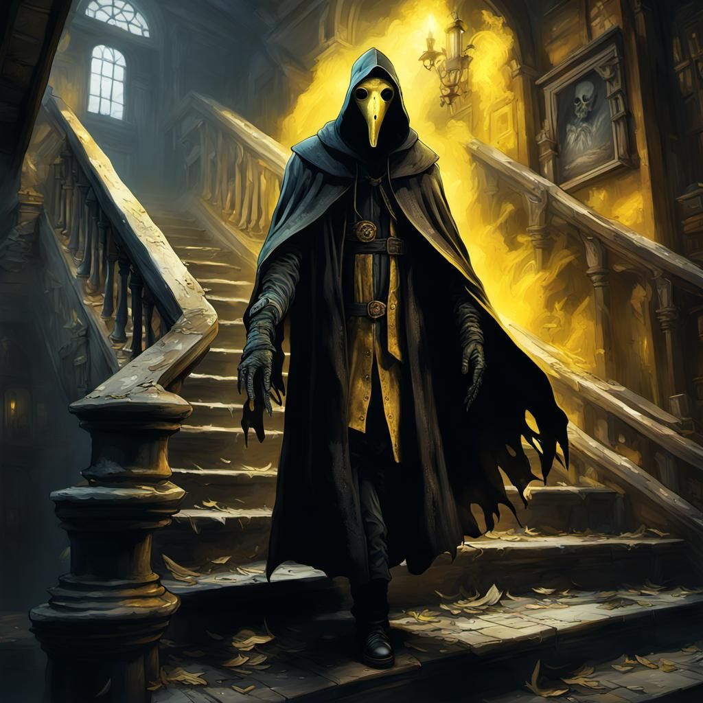 Plague Doctor in Decaying Mansion, Dark Fantasy Art