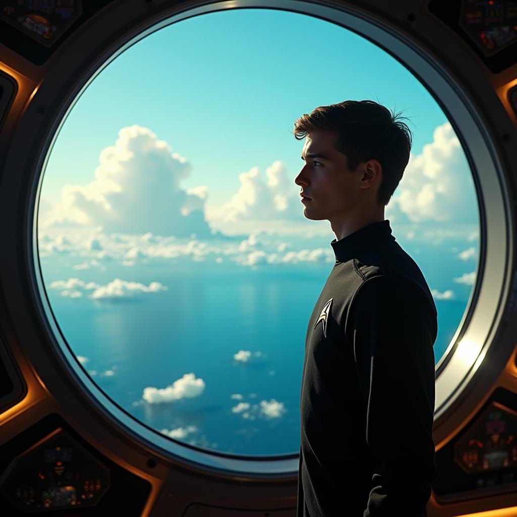 Starfleet Cadet Contemplates Aquatic Planet in Shuttle