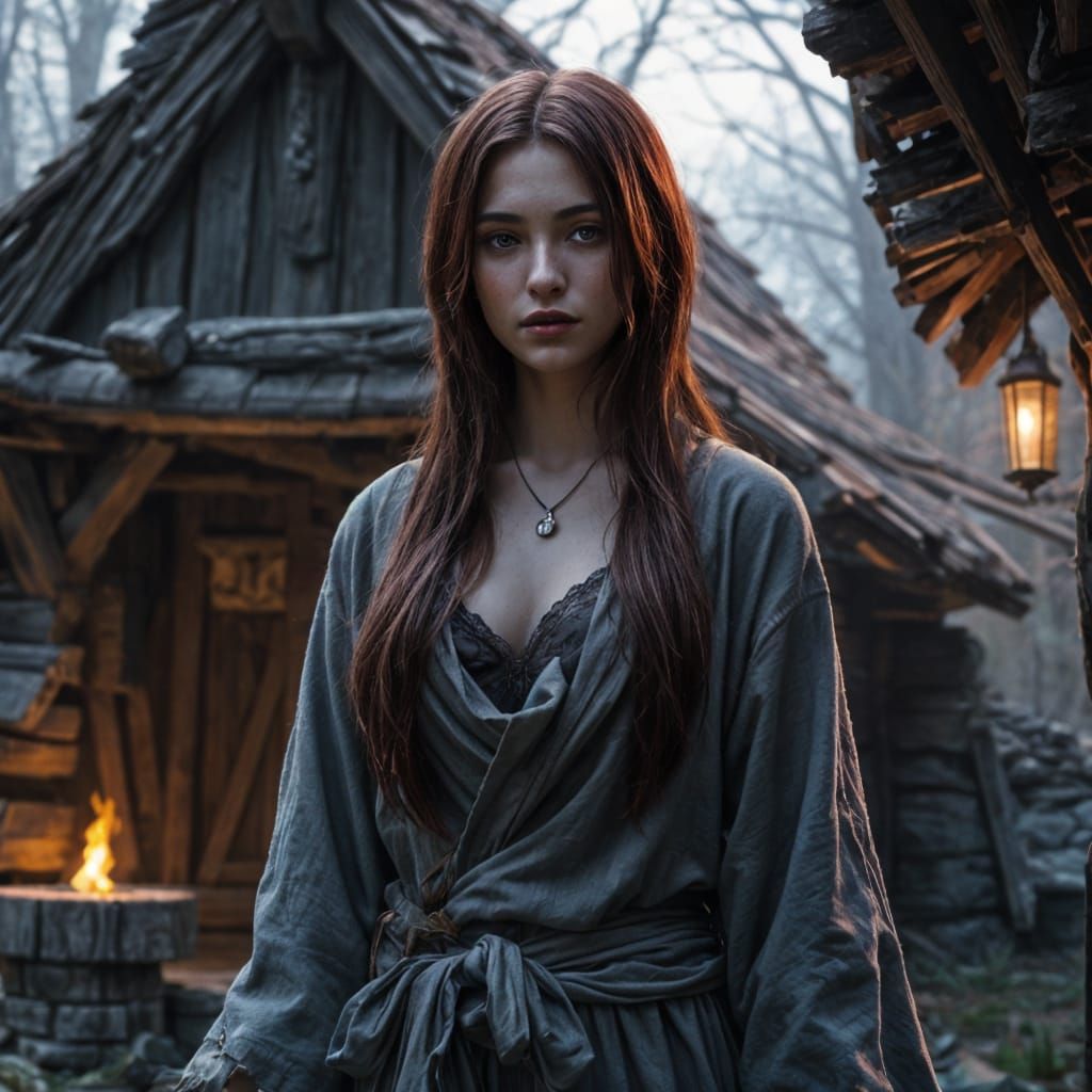 Dark Fantasy Barmaid in Tattered Robe by a Wood Hut