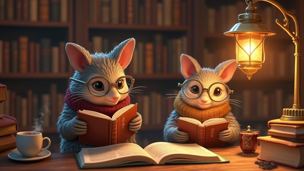 Cozy Pangolin Library Study in Whimsical Cartoon Style