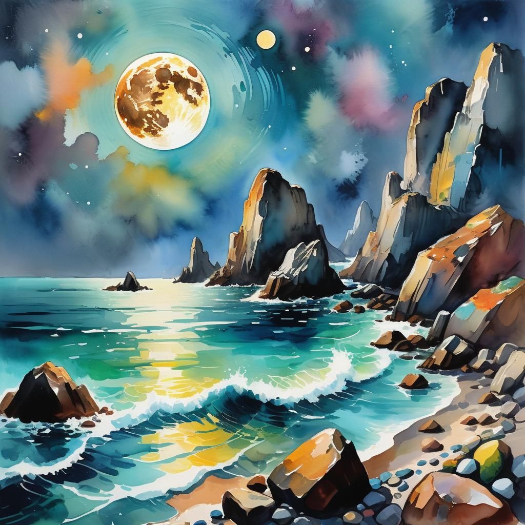Gouache Style Moon Over Sea Impressionist Painting