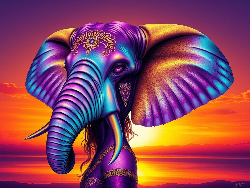 Woman and Elephant Head in Art Brut Style