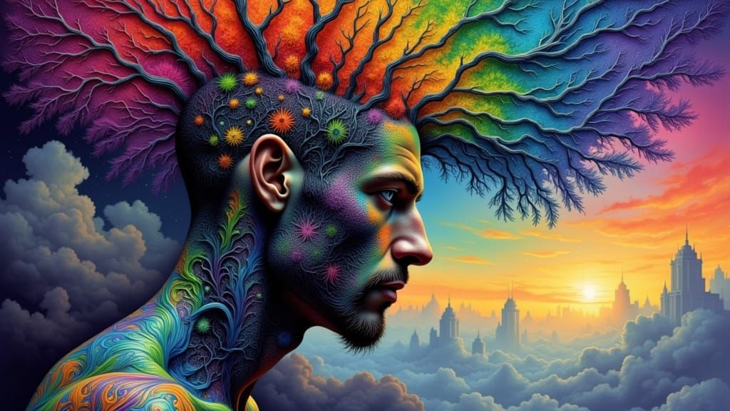 Fractal-Faced Man with Rainbow Lightning, Fantasy Dreamscape