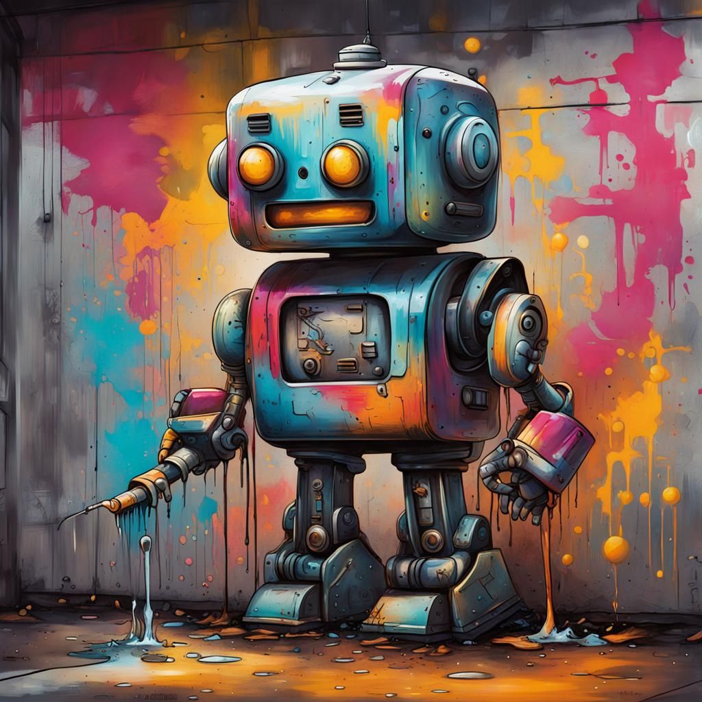 Robot Custodian in Graffiti Splash Art Style