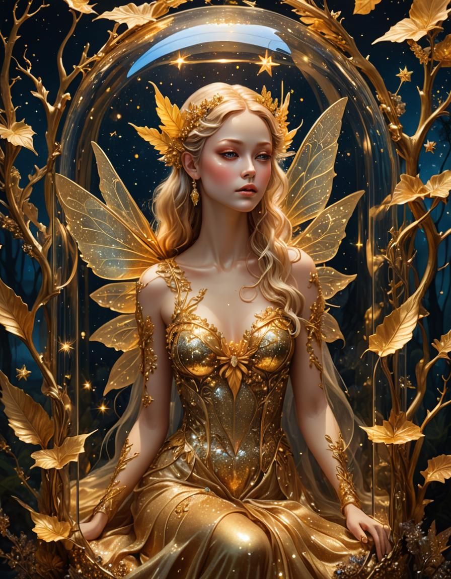 Golden Fairy in Glass Case: Surreal Oil Painting