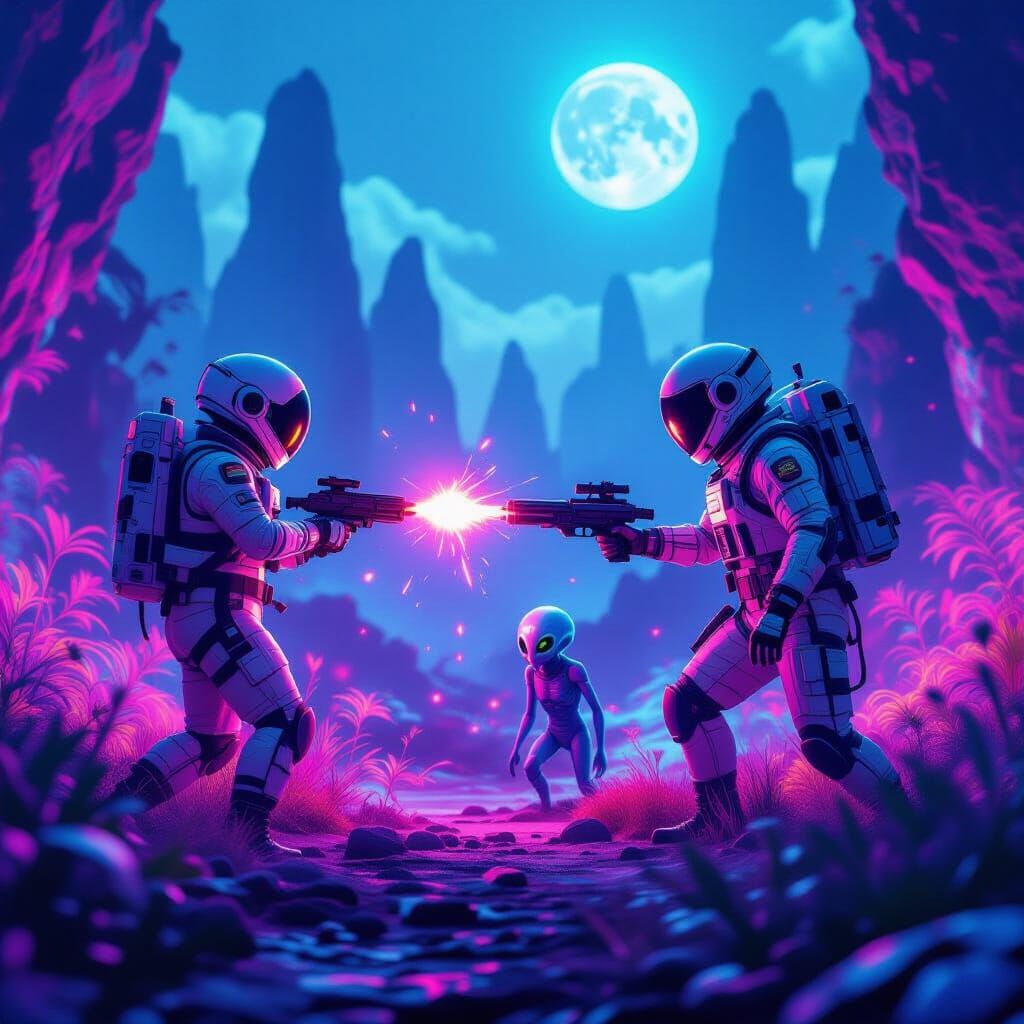 Astronauts Battle Aliens on Neon Planet in Cyberpunk Style