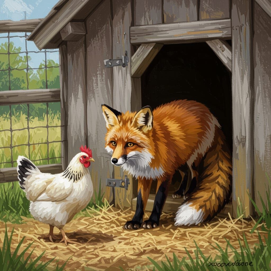 Fox Sneaking into Chicken Coop, Painterly Masterpiece