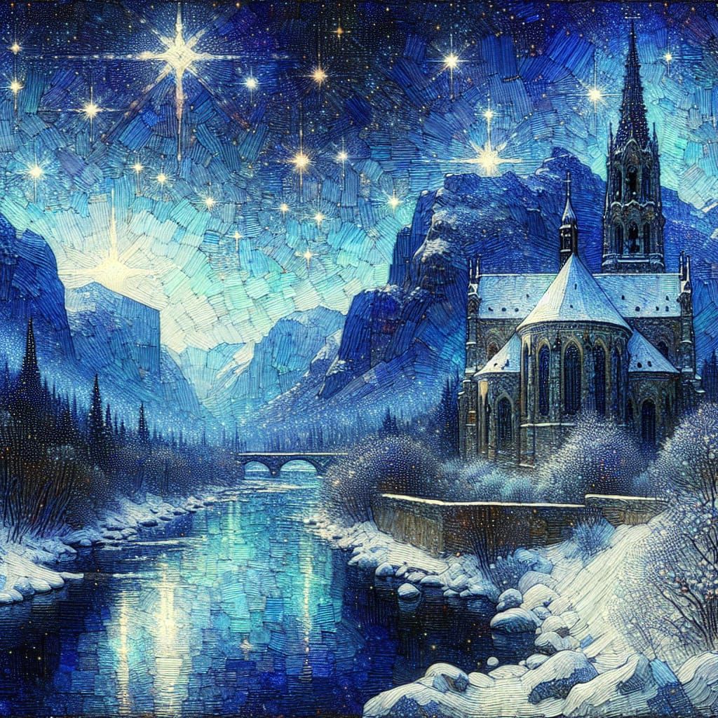 Sapphire Starlit Winter River Church in Impressionist Style