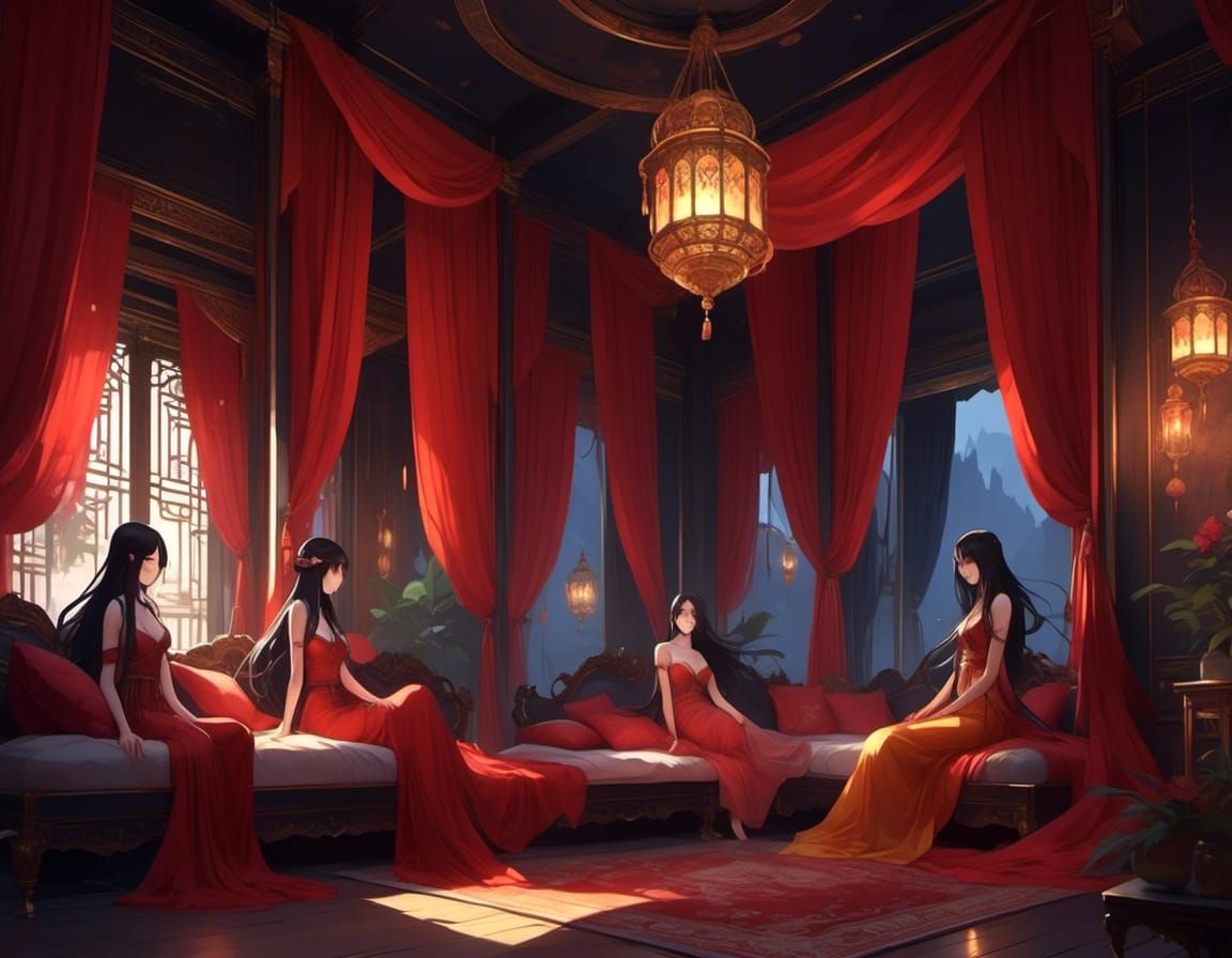 anime girls in a harem setting