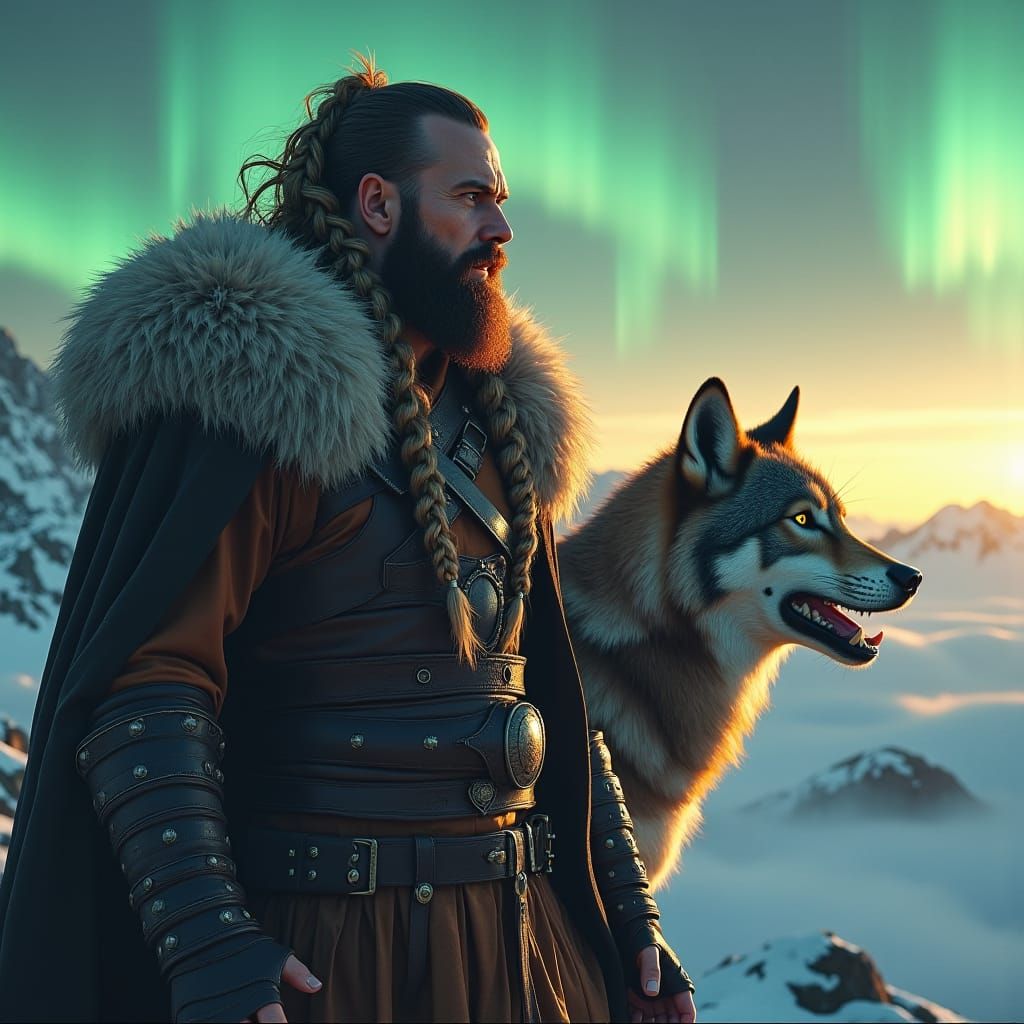 Viking Berserker and Wolf Under Northern Lights