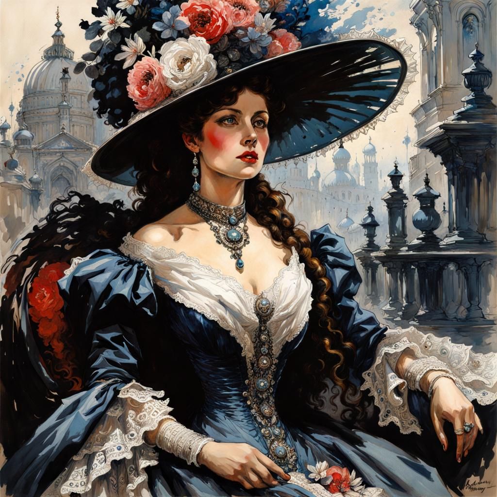 Victorian Era Beauty in Ink Splash Art
