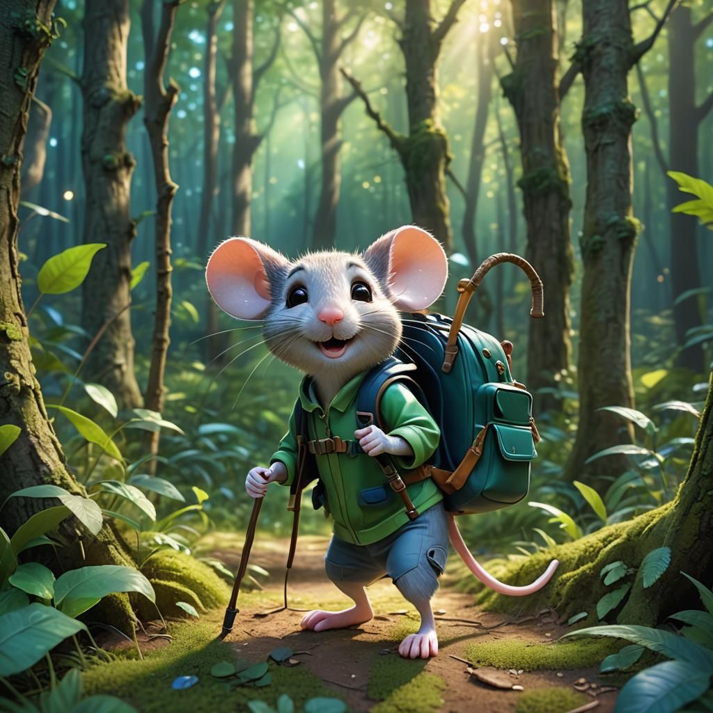 Smiling Mouse Adventurer in Lush 3D Cartoon Forest