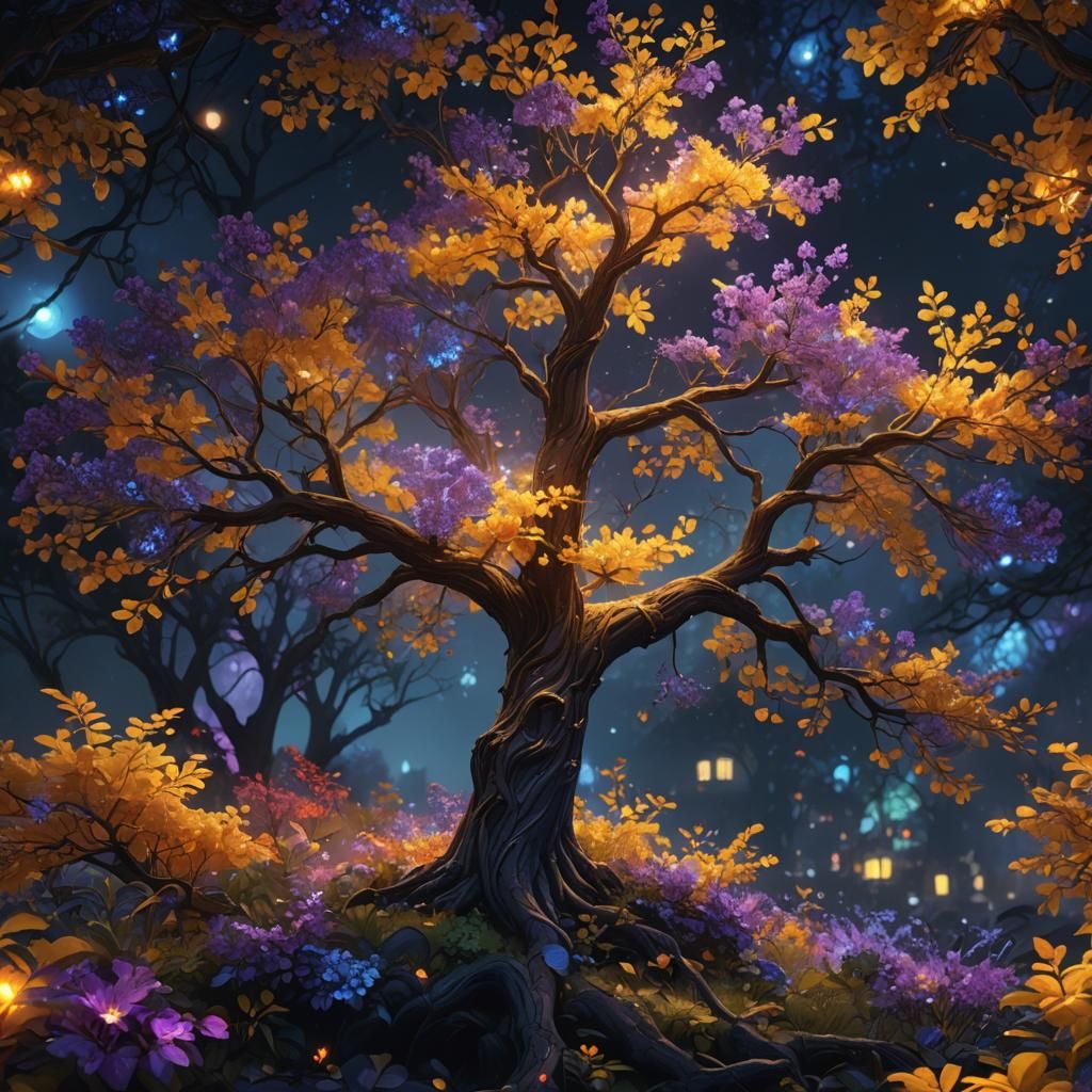 Glowing Fantasy Tree in Ethereal Nighttime Landscape