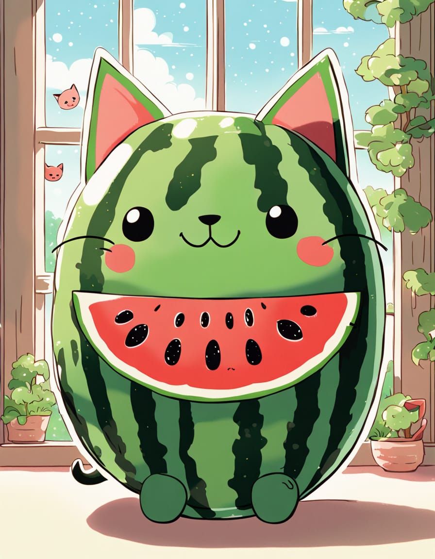 Kawaii Watermelon Cat in Sunny Window
