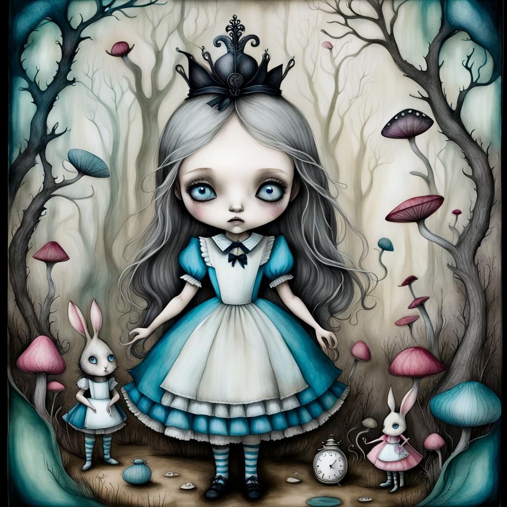 Surreal Alice in Wonderland Search in Alcohol Ink Style