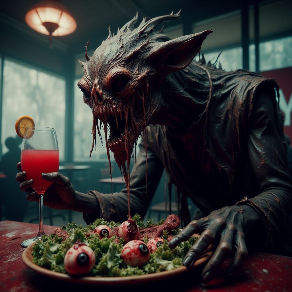 Grotesque Chupacabra Feasts on Human Frenzy at Fast Food Caf...