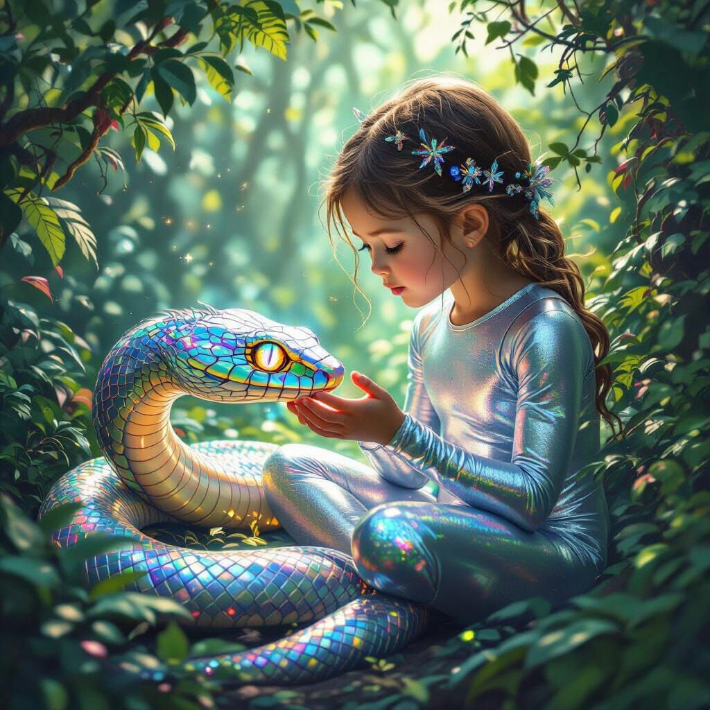 Girl Hypnotized by Serpent in Dreamlike Forest