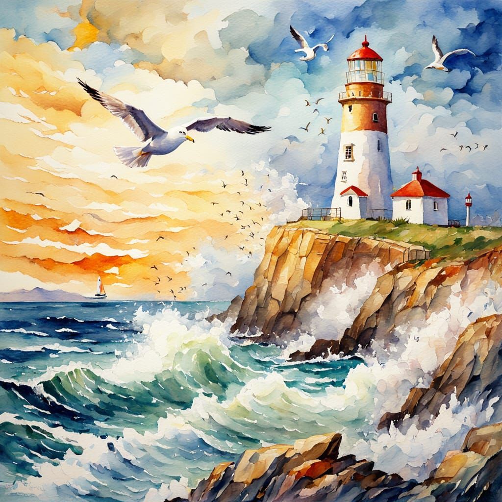Impressionist Seaside Lighthouse with Seagull