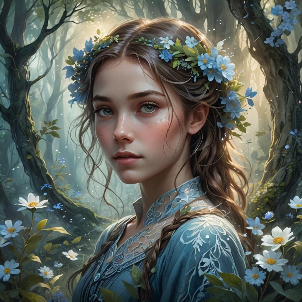 Mystical Forest Portrait of Gracie in Digital Painting Style