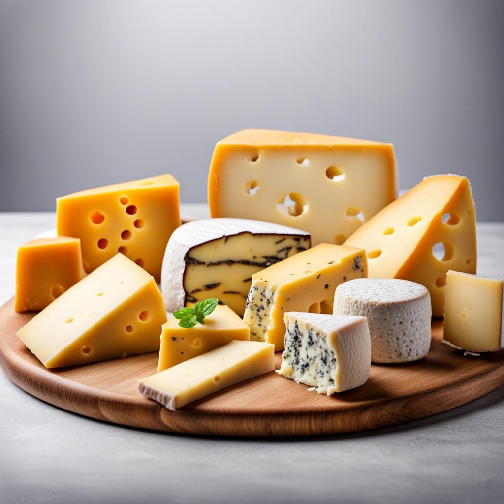 Assorted Cheeses on Table, Light Background