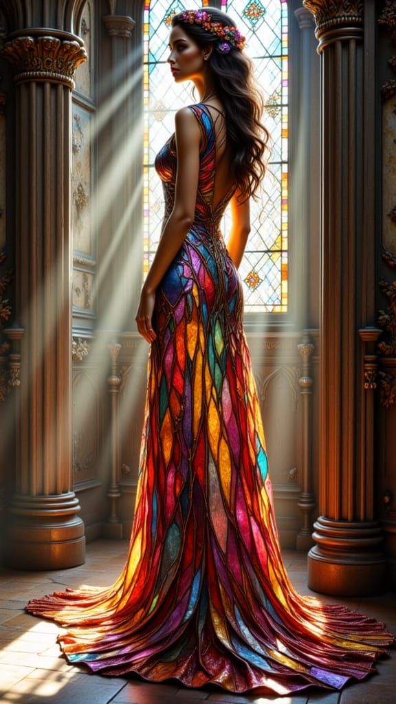 Woman in Luminous Stained Glass Gown in Sunlit Cathedral