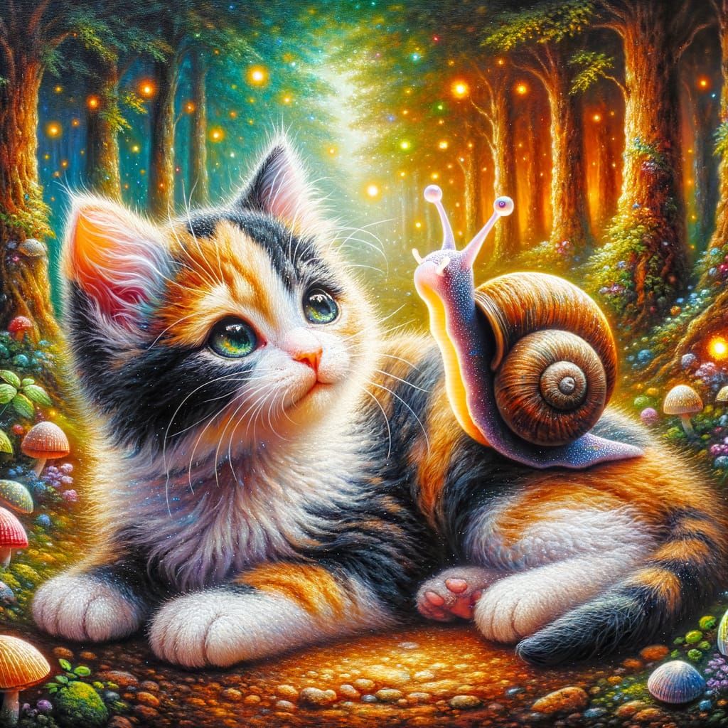 Calico Kitten and Snail in Enchanted Forest Oil Painting