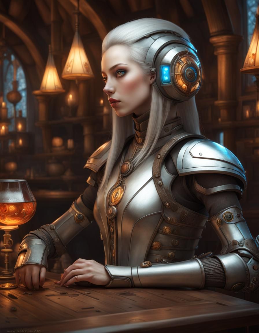 Cyborg in Medieval Tavern