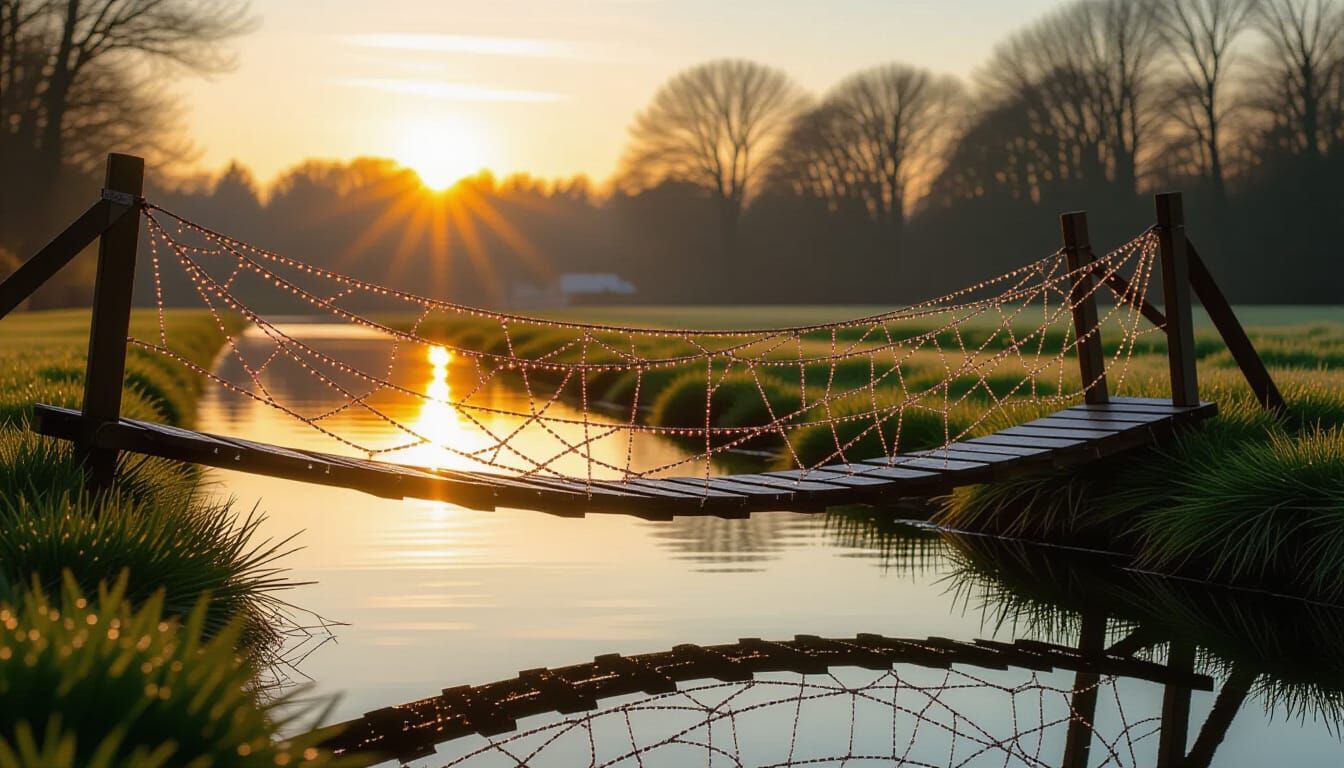 Epic Sunrise Over Dew-Adorned Cobweb Bridge