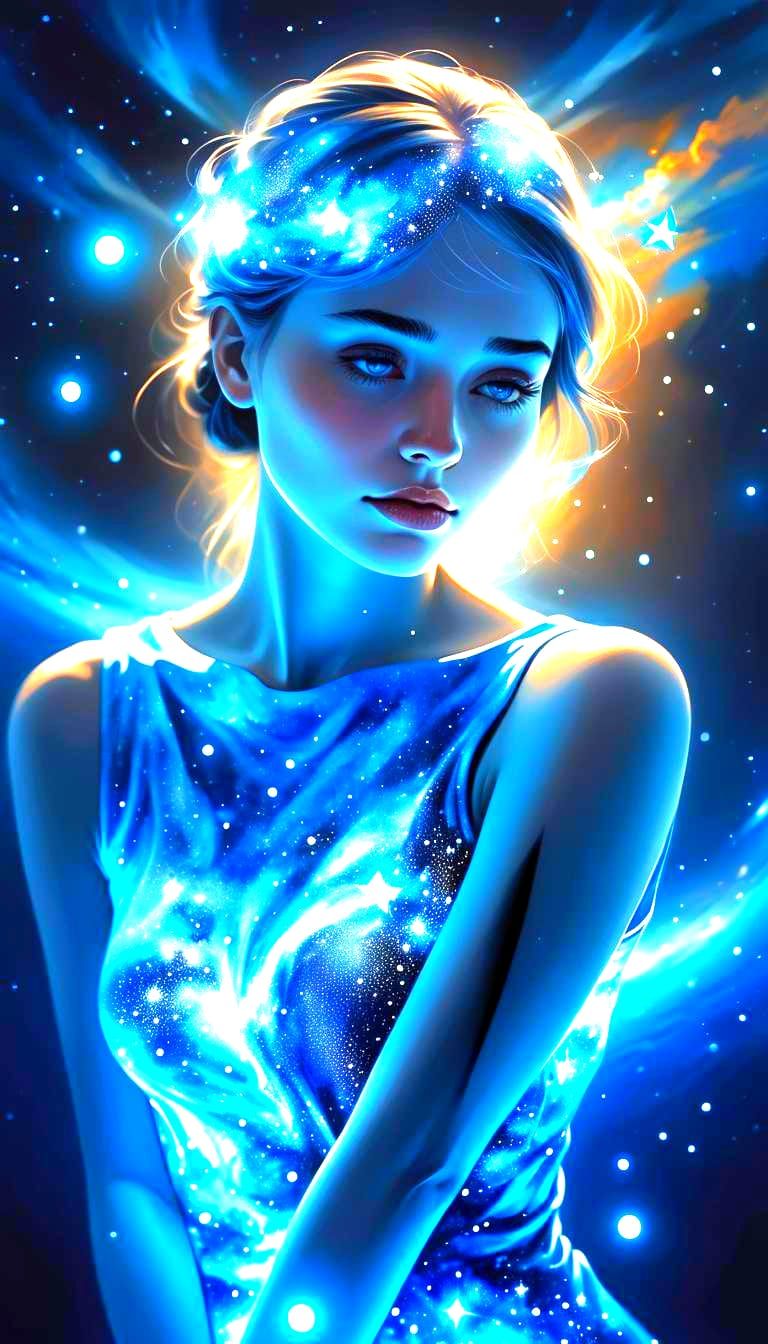 Girl in Blue Stars Contemplates Future, Surreal Portrait