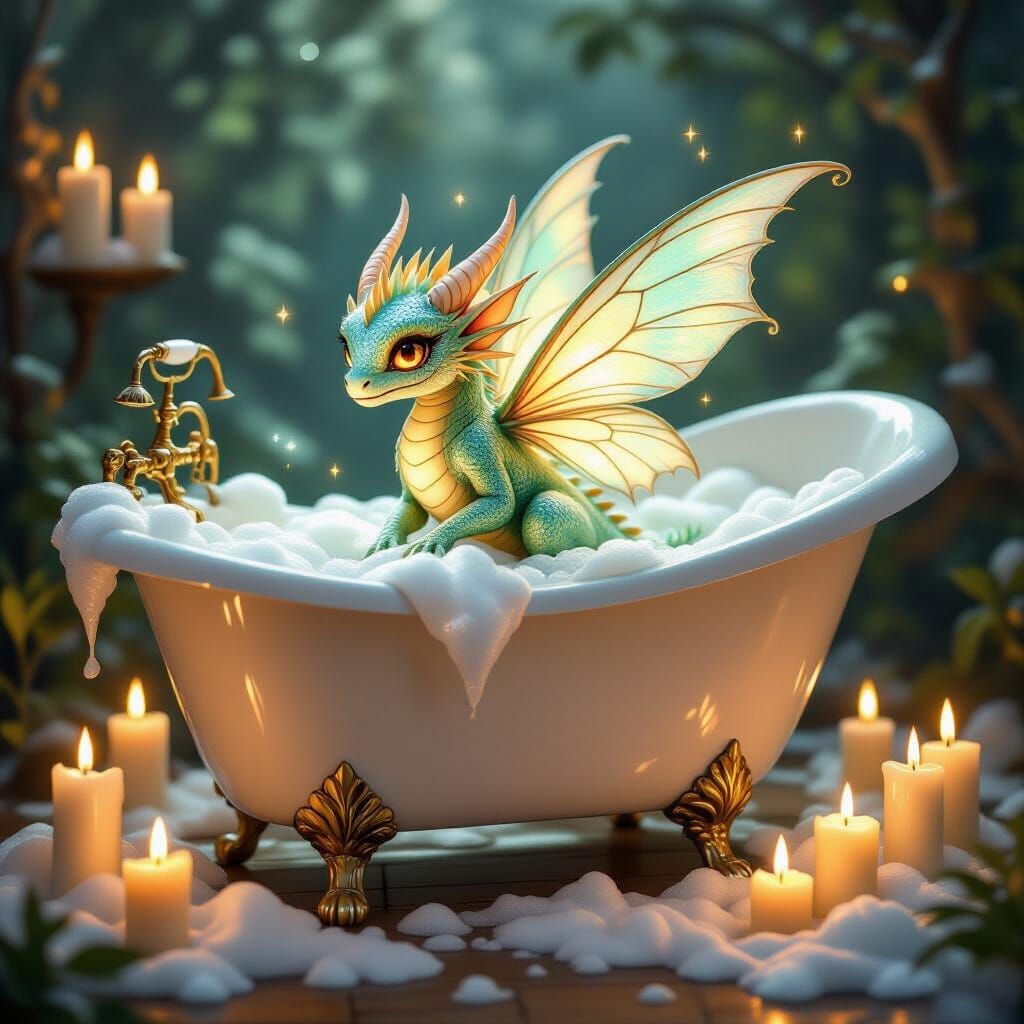 Tiny Fairy Dragon in Bubble Bath with Candles
