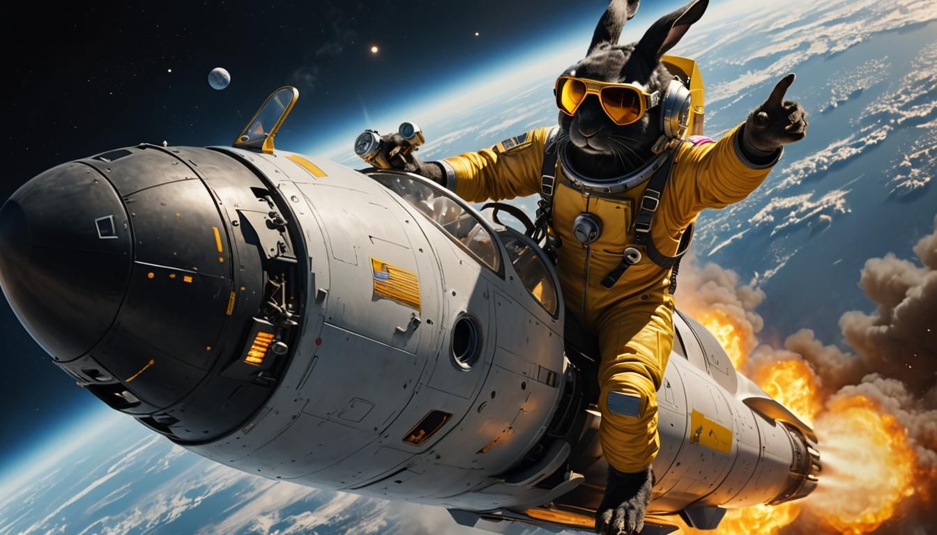 Rabbit Astronaut Blasting Off: Photorealistic Sci-Fi Art