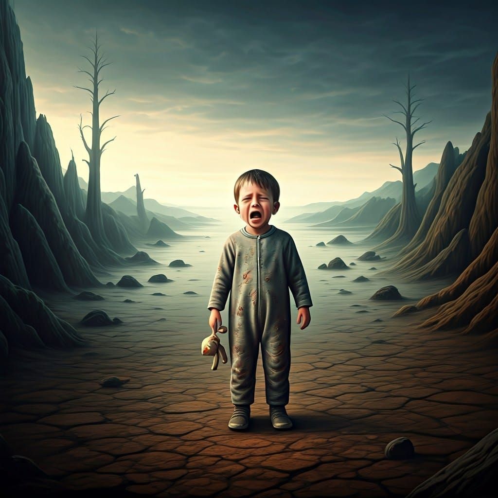 Lost Boy Cries in Surreal Melancholic Landscape