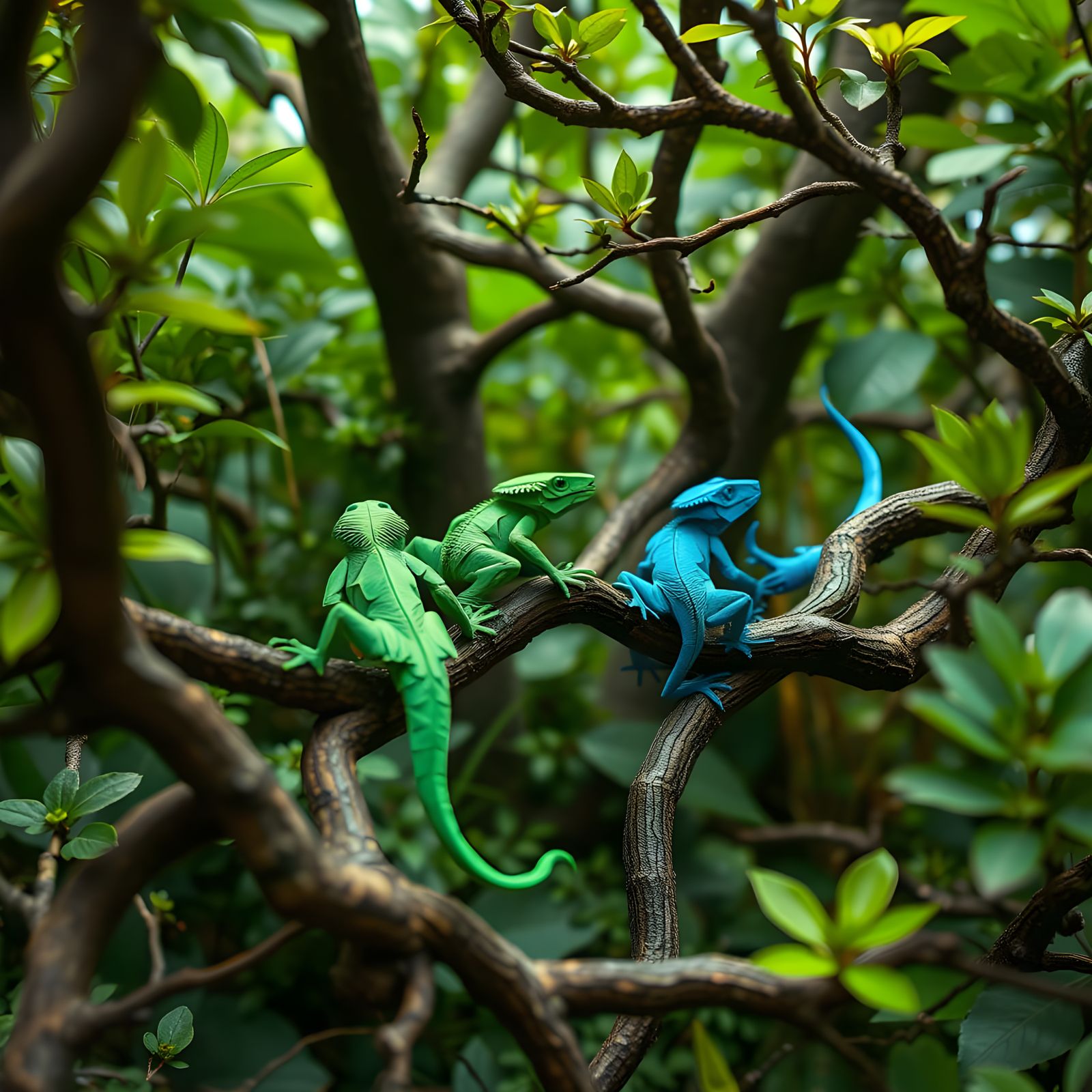 Origami Lizards Explore Forest Canopy in Panoramic Scene