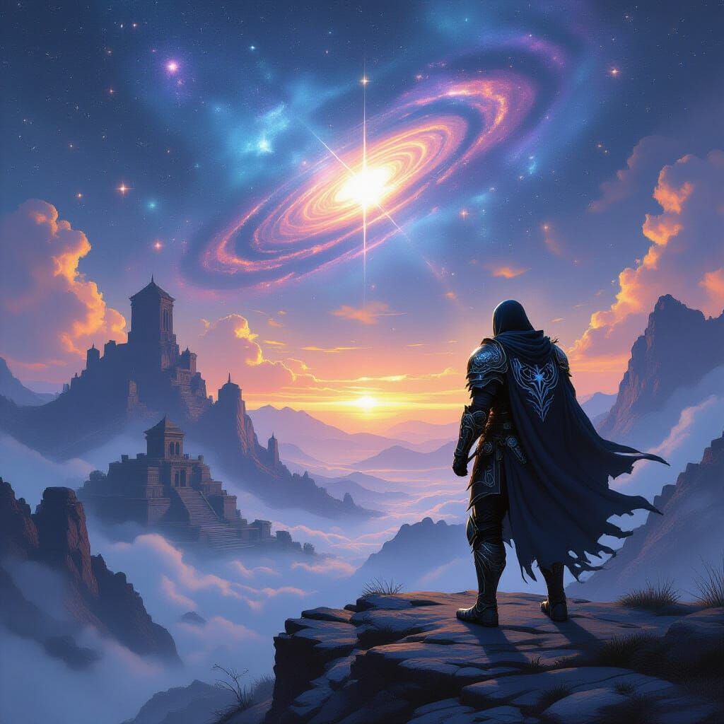 Warrior in Celestial Armor on Mountain Peak