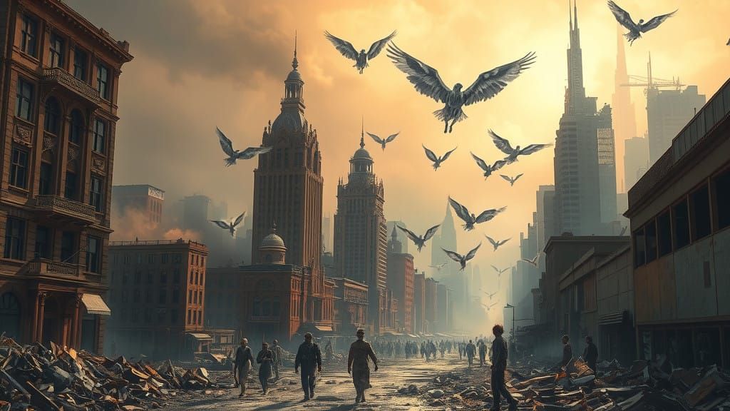 Angels Soar Over a Ravaged, Post-Apocalyptic Cityscape