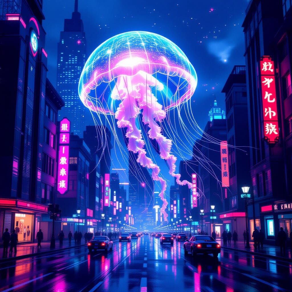 Cosmic Jellyfish in Art Deco Cityscape Twilight