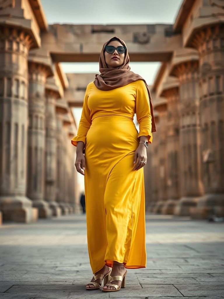 Elegant Hijabi Woman in Yellow Dress near Ancient Egyptian T...