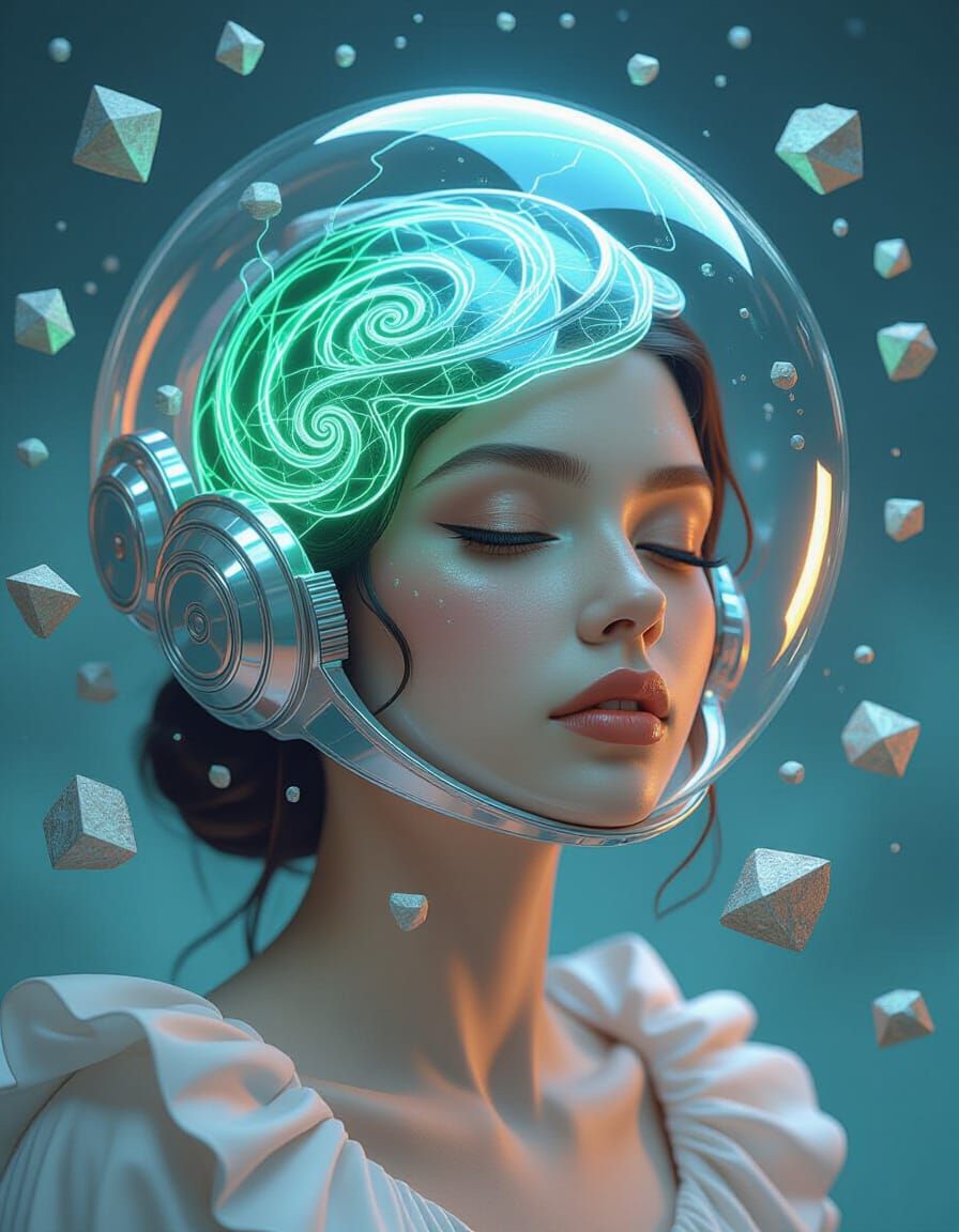 Woman in Translucent Helmet with Lightning, Hyperrealistic A...