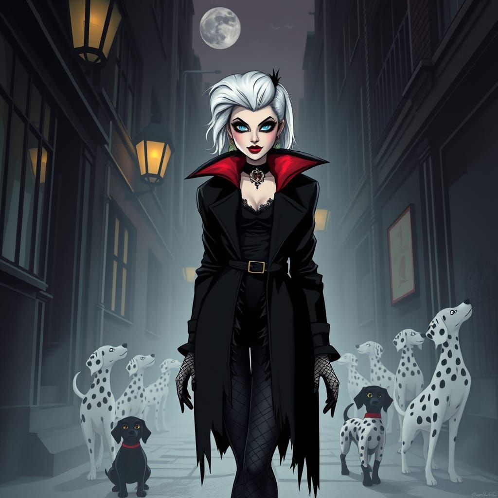 Gothic Cruella DeVille Surrounded by Dalmatian Shadows