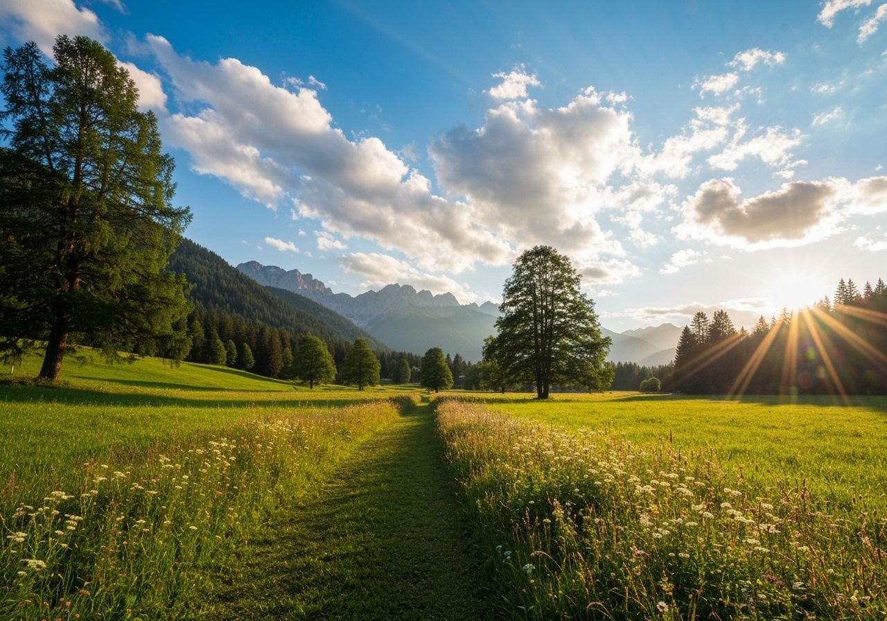 Picturesque Path Through Lush Green Field at Sunset