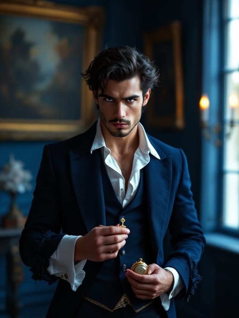 Elegant Victorian Aristocrat Poses in Dark Blue Salon