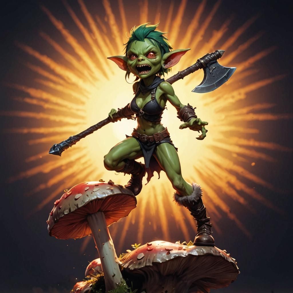 a  green skin female goblin wearing hob nail boots leaping o...