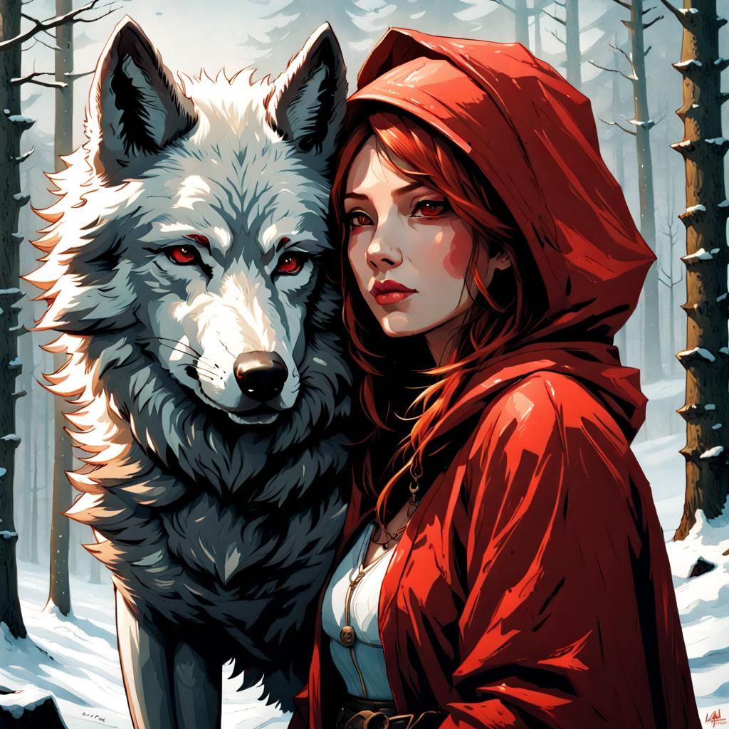 Woman and Wolf in Red Poster Art