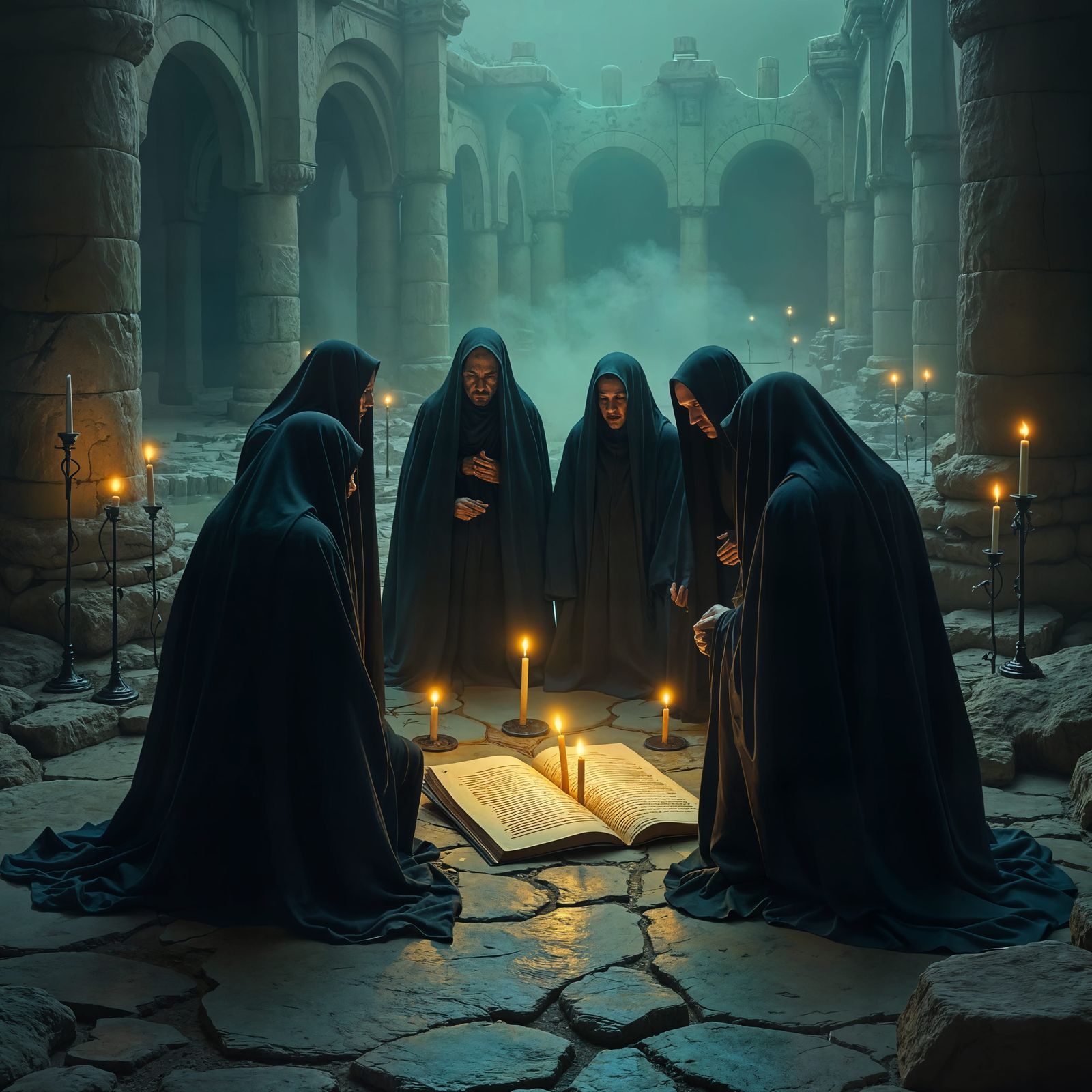 Mystical Manuscript Scene in Gothic Surrealism