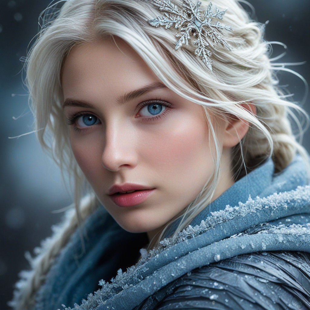 Enchanting Portrait of Seraphina in Shimmering Silvery Blues